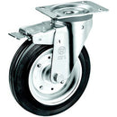 Rubber Castor Wheels on Steel Rim Heavy Duty - Swivel Support with Brake - H 232mm - AMAIreland - 