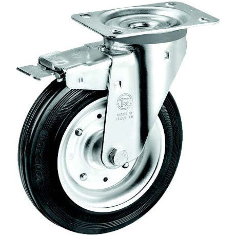 Rubber Castor Wheels on Steel Rim Heavy Duty - Swivel Support with Brake - H 232mm - AMAIreland - 