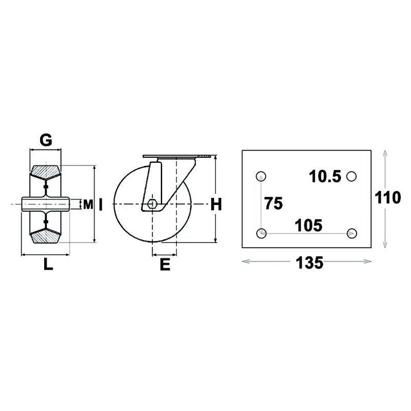 Rubber Castor Wheels on Steel Rim Heavy Duty - Swivel Support with Brake - H 232mm - AMAIreland - 