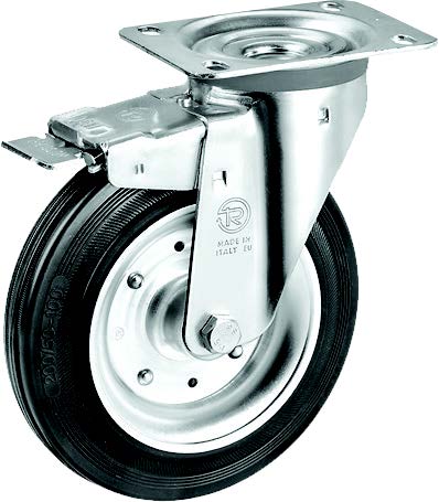Rubber Castor Wheels on Steel Rim Heavy Duty - Swivel Support with Brake - H 192mm