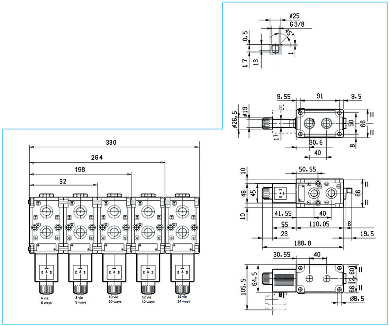 Stackable Circuit Selector Valve Double Acting - 14Way -12VDC